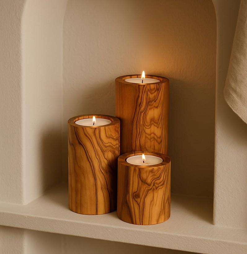 Olive wood Pillat tea Light Candle Holder- Set of 3