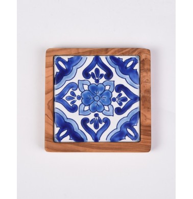 Olive Wood and Ceramic Coaster- San Diego Yellow