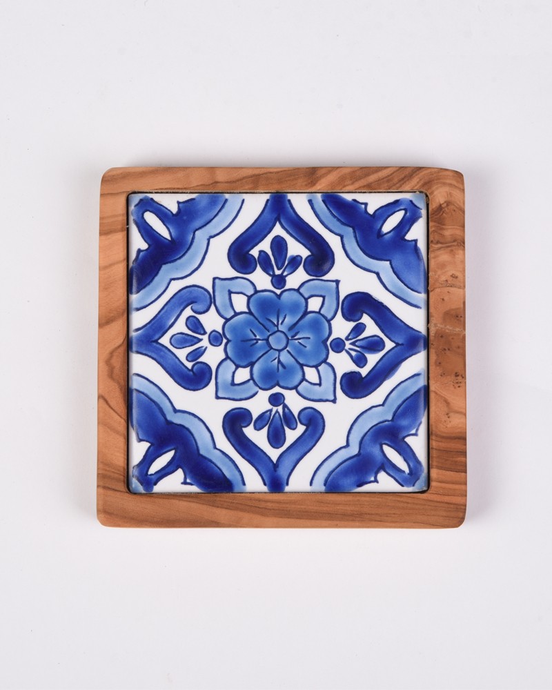 Olive Wood and Ceramic Coaster- San Diego Yellow